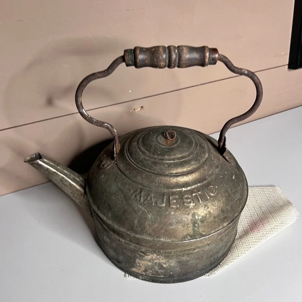 Antique Majestic Copper Tea Kettle Wood Handle Patented May 17 1898 Primitive